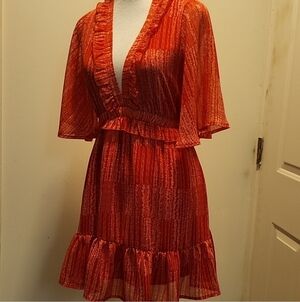 VICI Red V Neck Sheer Flutter Sleeve Mini Dress Small